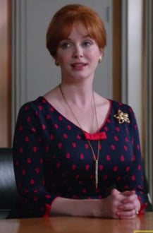 Joan's blue and red printed dress on Mad Men