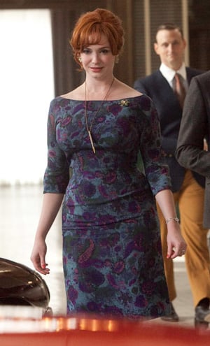Joan's purple and blue paisley print dress on Mad Men