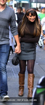 Rachel's brown boots and grey button front skirt on Glee season 4