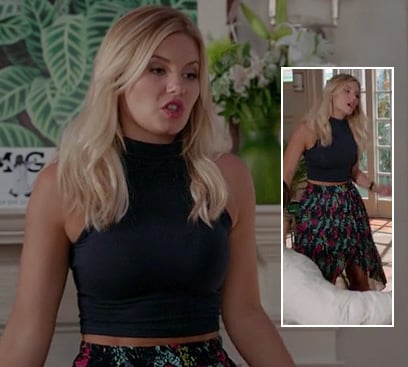 Alex's floral wrap/dipped hem skirt with navy crop top on Happy Endings