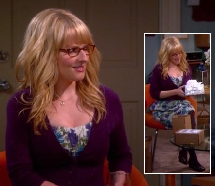 Bernadette's purple/blue/green floral dress and cardigan on The Big Bang Theory