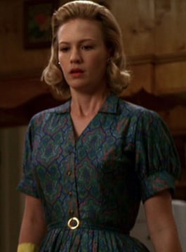 Betty's blue and green patterned shirtdress on Mad Men