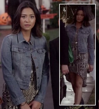 Emily's aztec print dipped hem dress and denim jacket on Pretty Little Liars