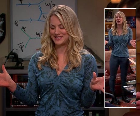 Penny's blue top with green damask pattern and black boots on The Big Bang Theory