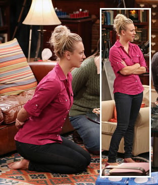 Penny's pink button front shirt, black jeans and pink flats on The Big Bang Theory