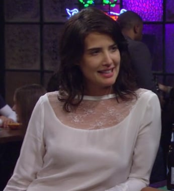 Robin's white longsleeve top with lace inset on How I Met Your Mother