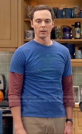 Sheldon's blue superman vitruvian man shirt on The Big Bang Theory
