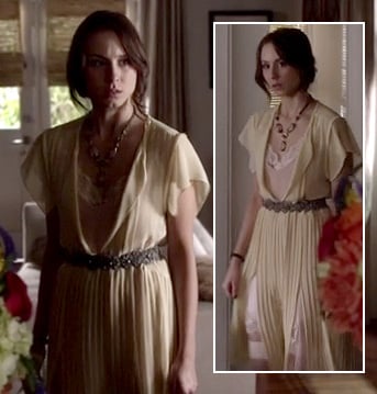 Spencer's yellow dress with pleats and splits on Pretty Little Liars