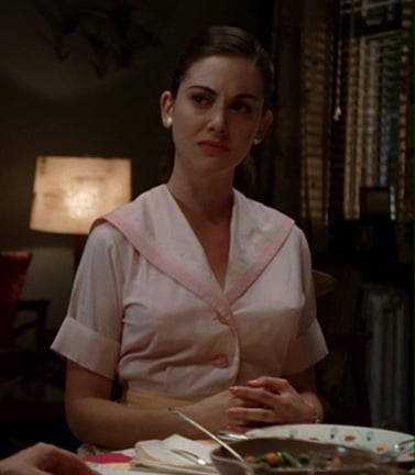 Trudy's pastel pink dress on Mad Men