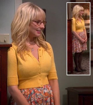 Bernadette's orange floral dress, yellow cardigan and brown tights on The Big Bang Theory