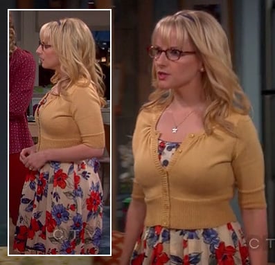 Bernadette's floral dress with yellow cropped cardigan on The Big Bang Theory