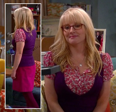 Bernadette's hot pink skirt with magenta tights and purple vest on The Big Bang Theory
