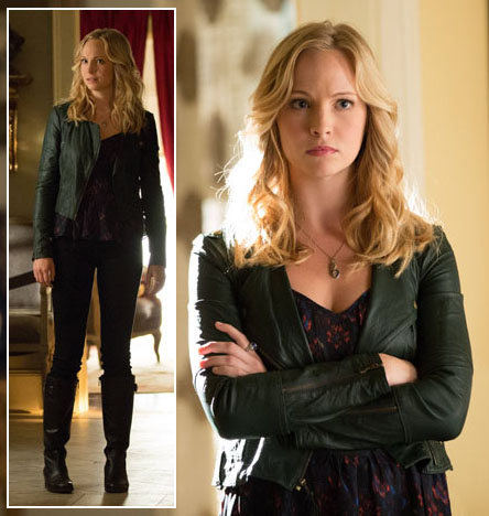 Caroline's black leather jacket and boots on The Vampire Diaries