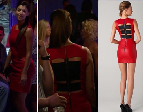 Cece's red leather dress with black back straps on New Girl