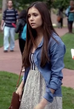 Elena's white lace dress with chambray shirt on Vampire Diaries