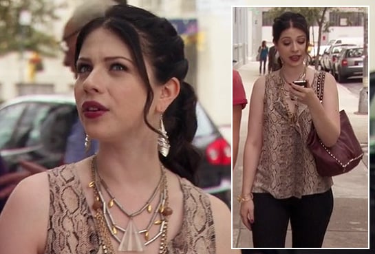 Georgina's snake print shirt and red studded bag on Gossip Girl