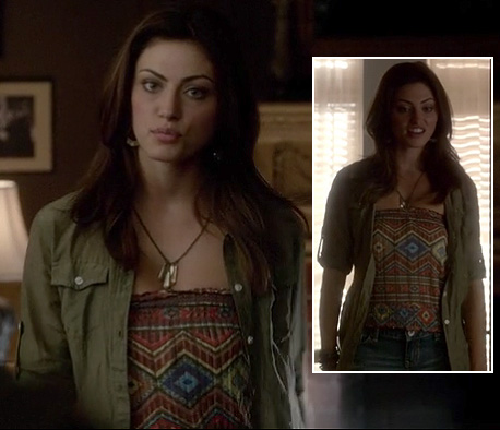 Hayley's printed top with khaki shirt and denim shorts on The Vampire Diaries