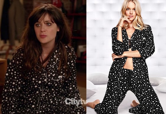 Jess's black and white polka dot PJs on New Girl