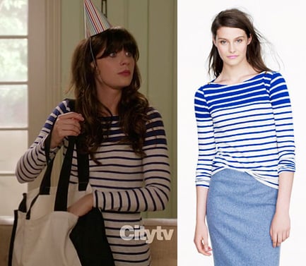 Jess's white and blue striped longsleeved shirt on New Girl