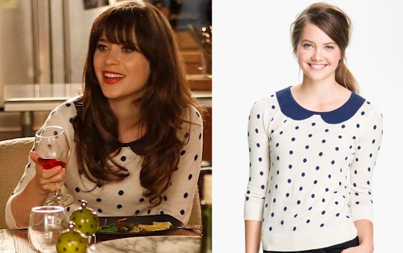 Jess's white polka dot sweater with collar on New Girl