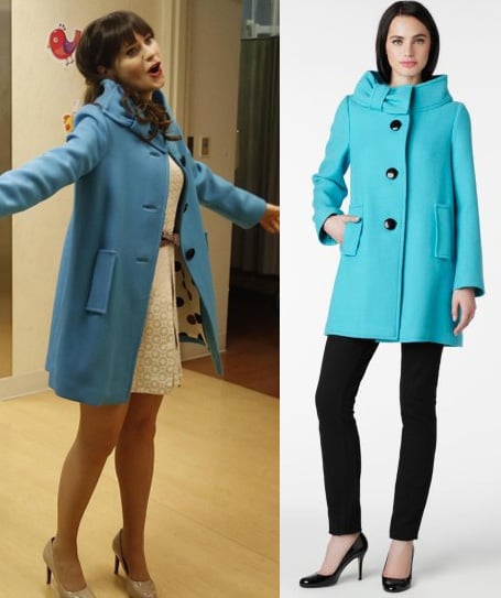 Jess's blue coat with bow neck on New Girl
