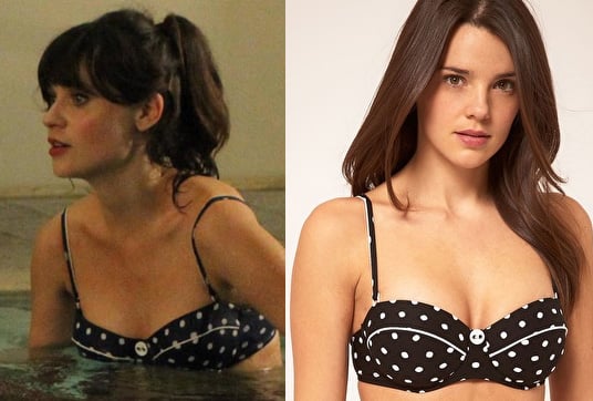 Jess's polka dot bikini with white button on New Girl