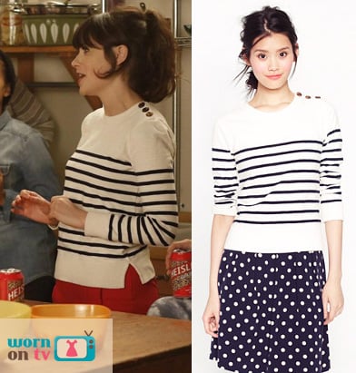 Jess's white pullover with navy stripes on New Girl