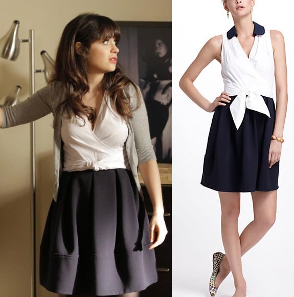 Jess's dress with white wrap top and navy pleated skirt on New Girl