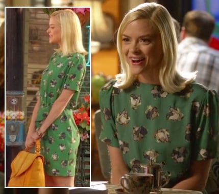 Lemon's green printed dress and yellow purse on Hart of Dixie