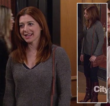 Lily's grey sweater and brown purse on How I Met Your Mother