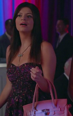 Penny's purple patterned strapless dress and pink handbag on Happy Endings