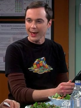 Sheldon's melting rubiks cube shirt on The Big Bang Theory