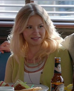 Alex's lime green cardigan and gold/white necklace on Happy Endings