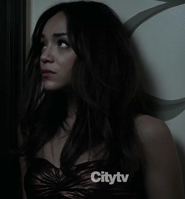 Ashley's bronze strapless mini dress on Revenge