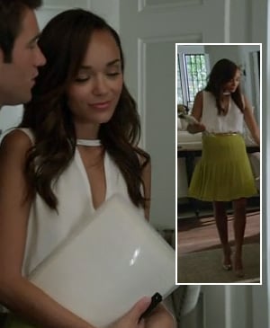 Ashley's lime green pleated skirt and white cutout top on Revenge