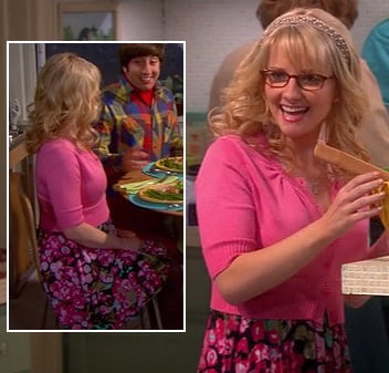 Bernadette's pink and black floral dress on The Big Bang Theory