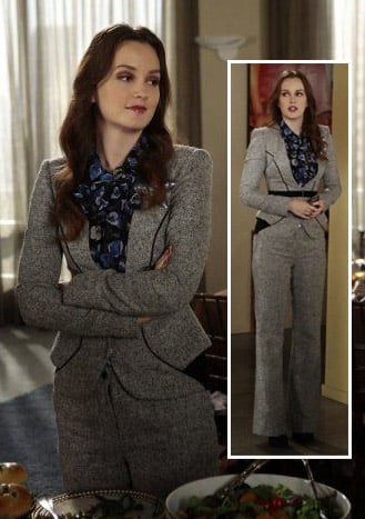 Blair's grey pant suit and blue floral blouse on Gossip Girl