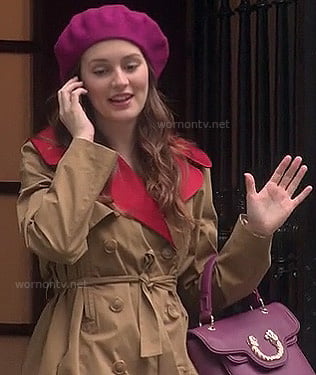 Blair's beige and red contrast trenchcoat and pink beret on Gossip Girl