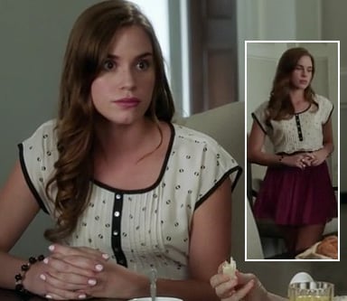 Charlotte's magenta pink skirt and white blouse with black trim on Revenge