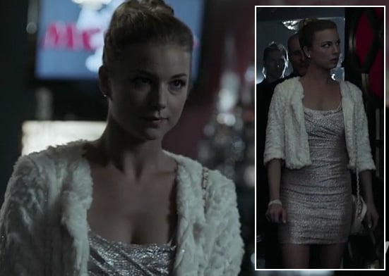 Emily's silver glittery mini dress and white furry jacket on Revenge