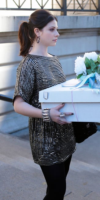 Georgina's black sequin tshirt dress and black hoop earrings on Gossip Girl finale