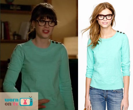 Jess's pastel green sweatshirt with shoulder buttons on New Girl