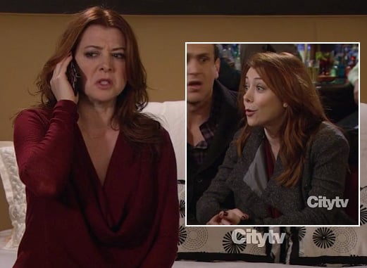 Lily's burgundy cowl neck top and grey jacket on How I Met Your Mother