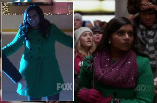 Mindy's green coat while ice skating on The Mindy Project