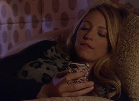 Serena's grey leopard top with navy sleeves on Gossip Girl