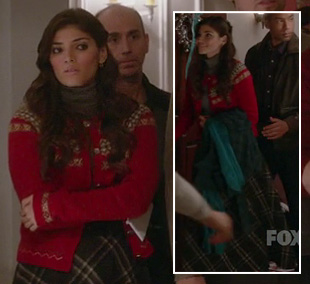 Shauna's plaid maxi skirt and Christmas cardigan on The Mindy Project