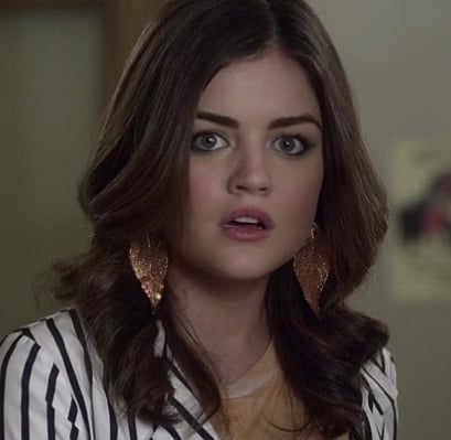 Aria's bronze glittery leaf earrings on Pretty Little Liars
