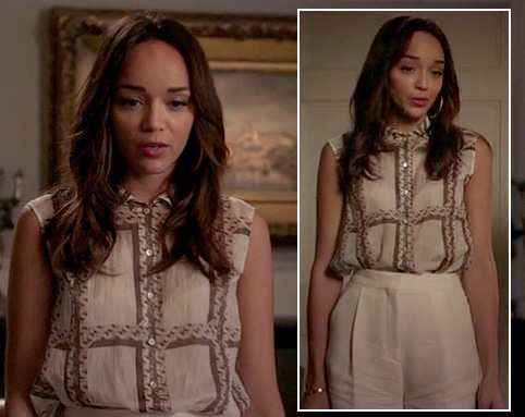 Ashley's white high waisted shorts and sleeveless shirt on Revenge