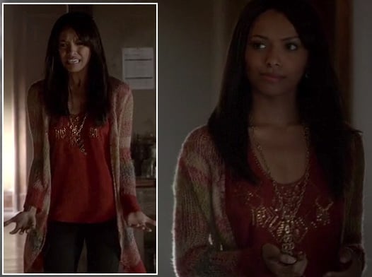 Bonnie's long orange striped/block knit cardigan on The Vampire Diaries