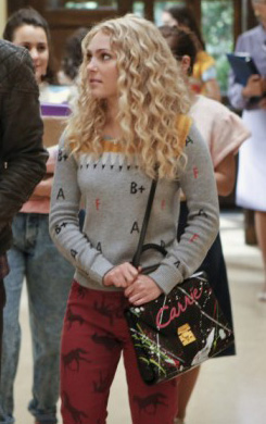 Carrie's grey alphabet sweater with red horse jeans on The Carrie Diaries